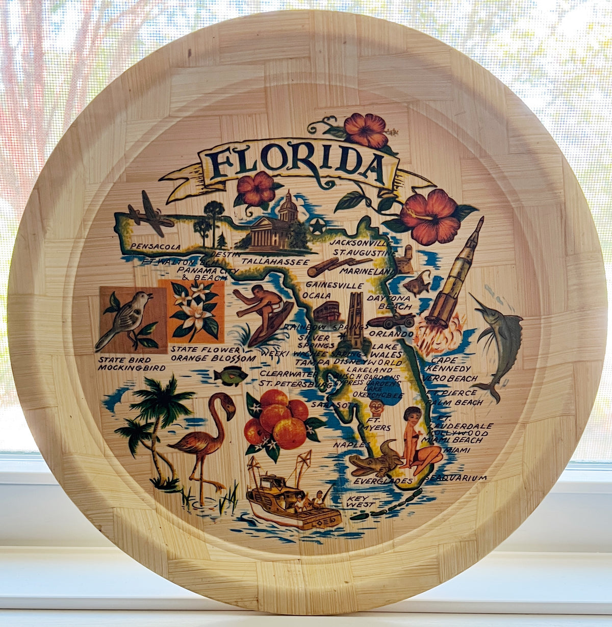 Vintage Florida Souvenir Bamboo Tray - 1960s